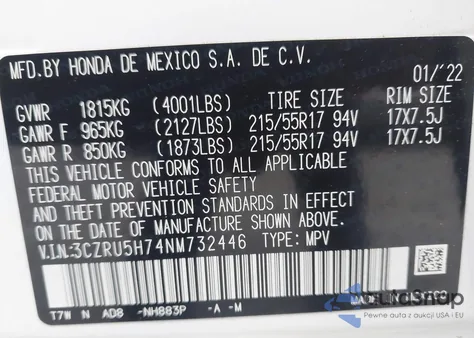 2022 Honda Hr-V 2Wd Ex-L from USA, damaged, VIN 3CZRU5H74NM732446